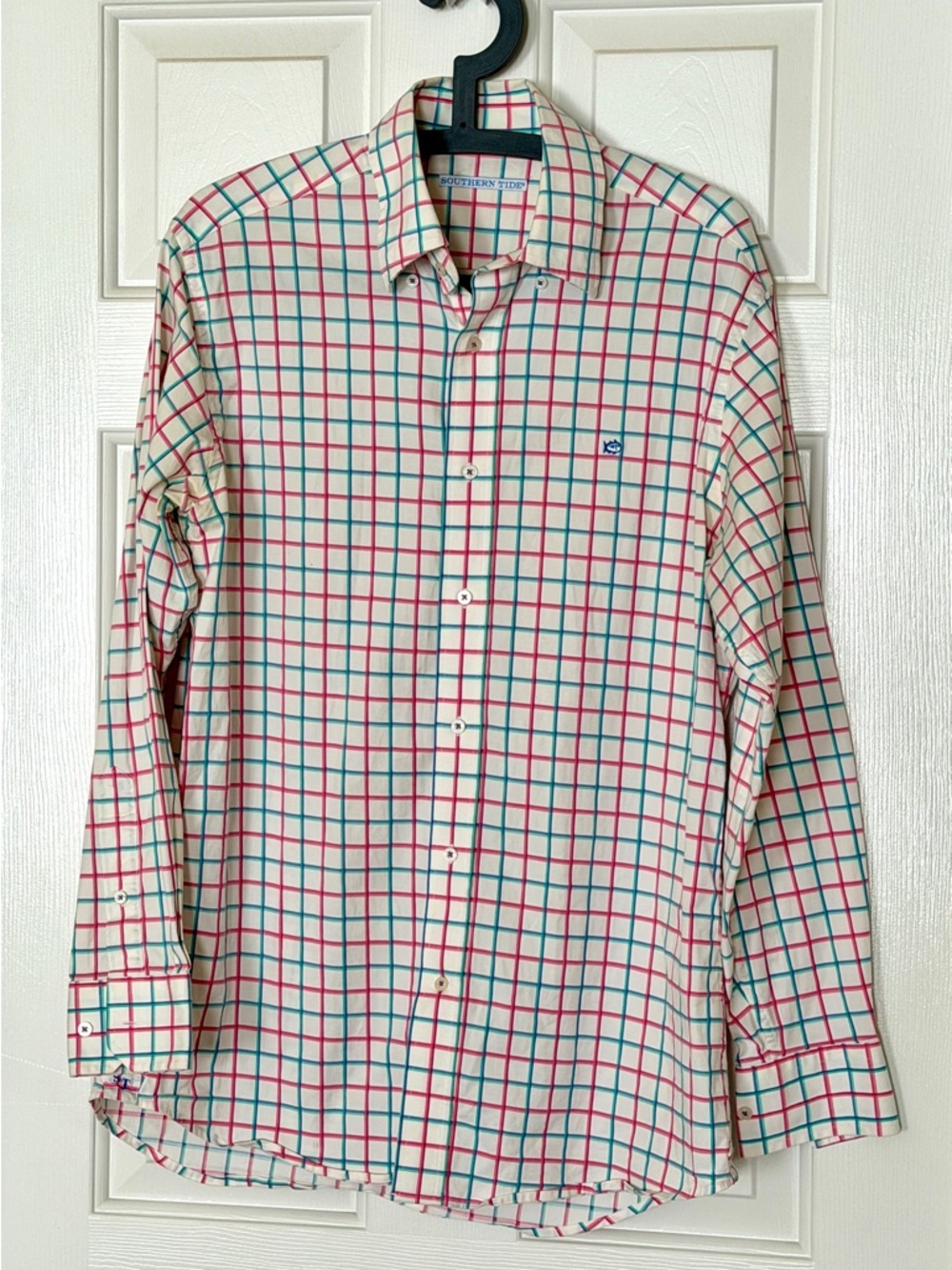Southern Tide Cream Button-Down Shirt Size M | Spring Pink & Teal